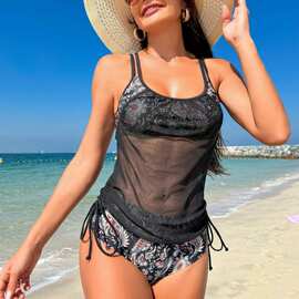 2024欧美外贸渐变泳衣女分体三件套性感印花比基尼BIKINI跨境泳装