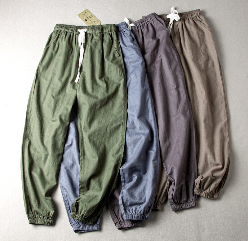 Summer new men's loose casual thin cotton and linen straight corset pants Japanese trendy men's solid color linen pants men's clothing