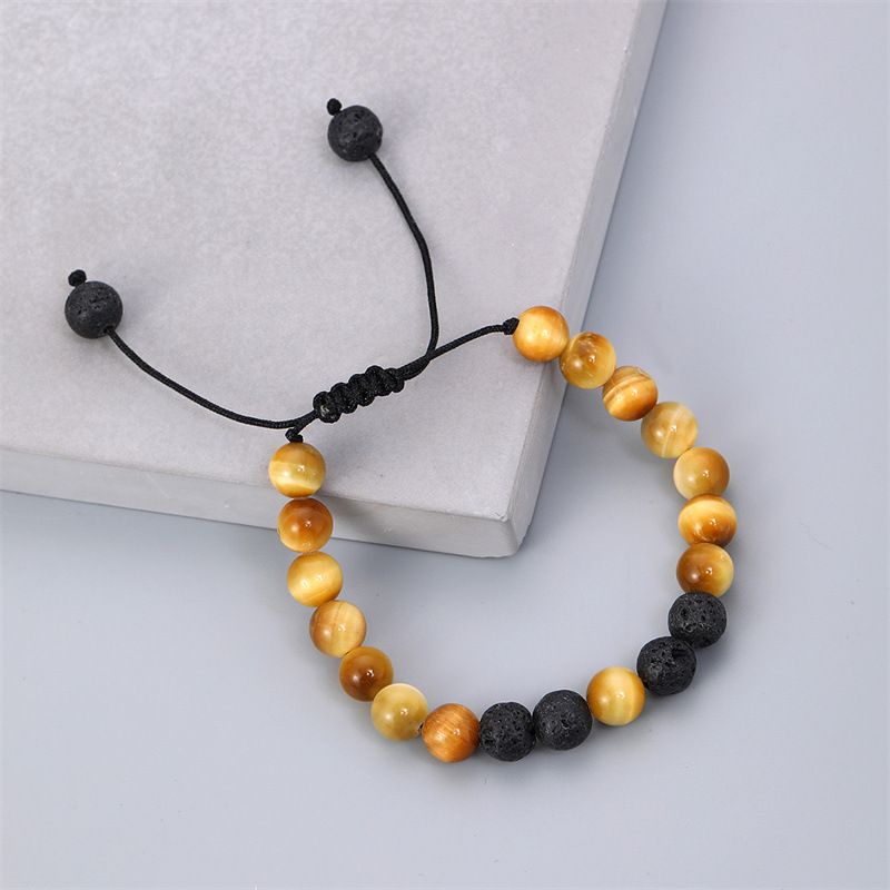 Cruz-frontera piedra volcánica ojo de tigre de oro piedra tejida pulsera de DIY hombres de moda europea y americana nueva pulsera de piedra de cuentas de 8mm