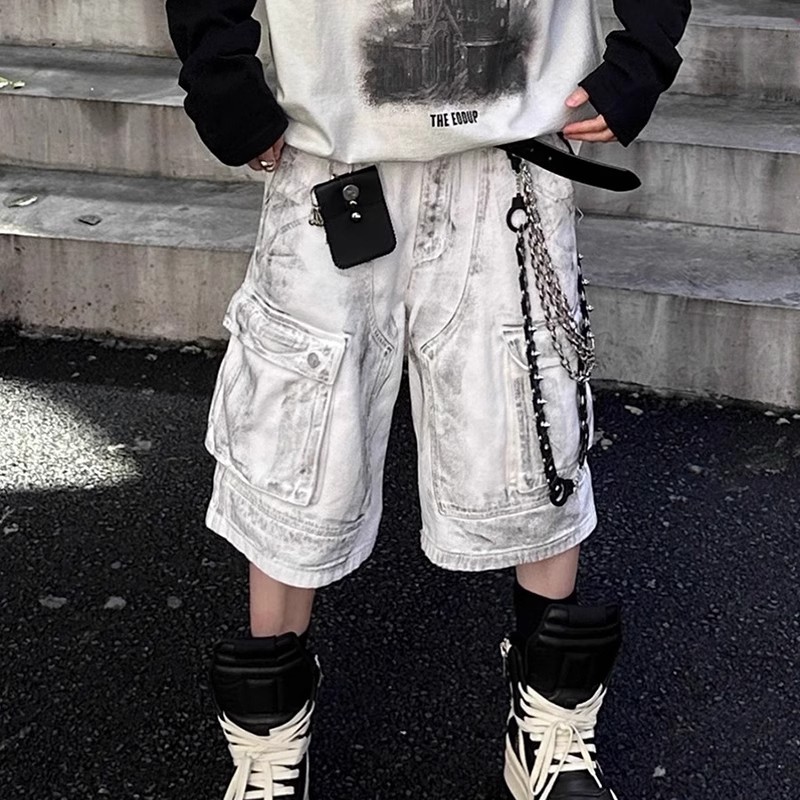 High Street Dirty Workwear Denim Over-The-Knee Shorts for Men Summer New Niche Versatile Trendy Brand Loose Straight Cropped Pants