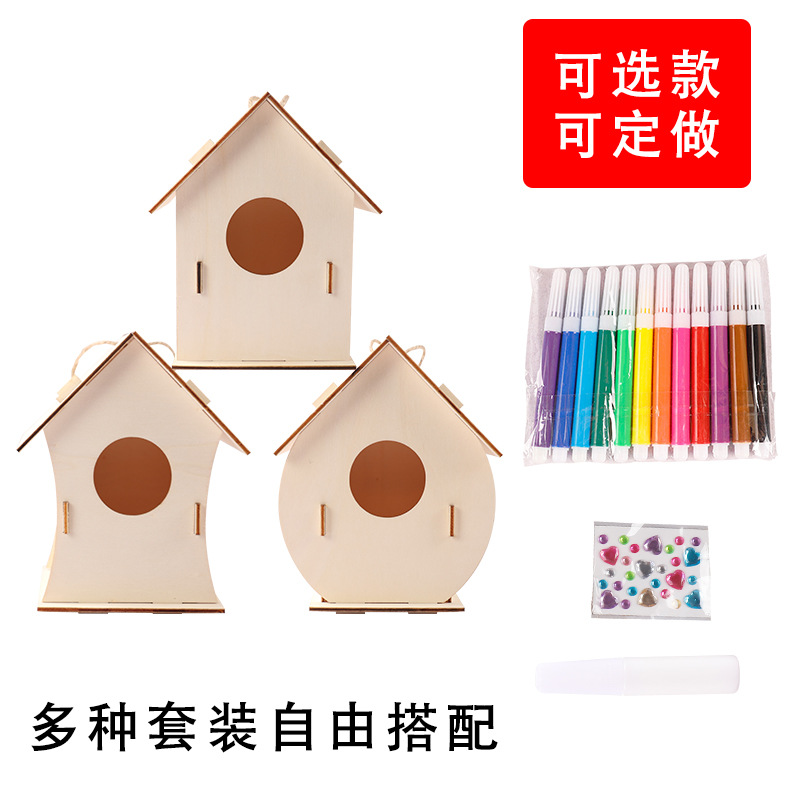 Amazon Children's DIY Graffiti Wooden Bird Nest Assembled Christmas Hanging Wooden Bird Nest Cabin Decoration