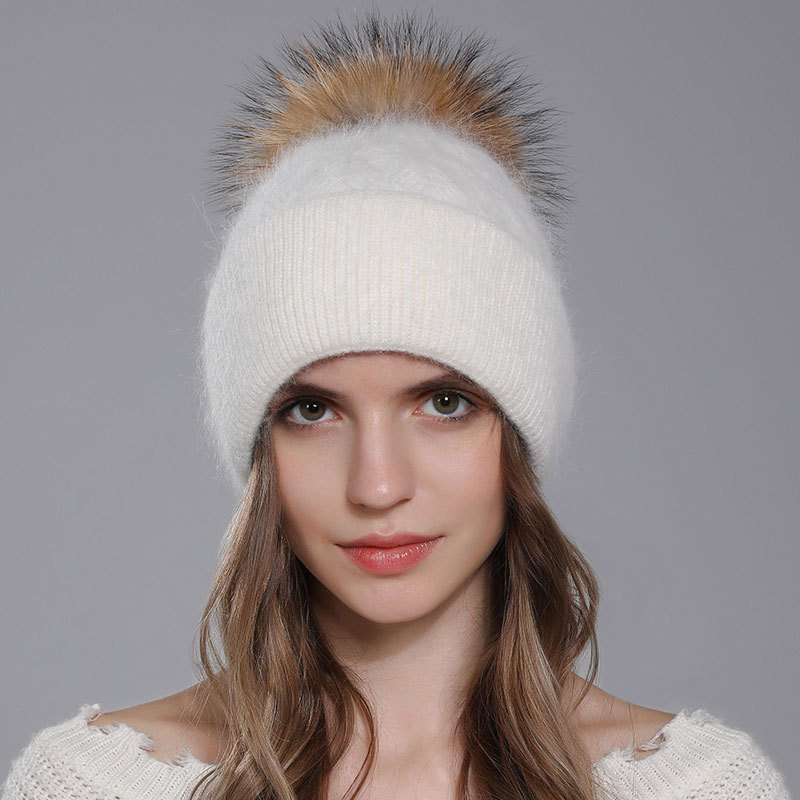 Nuevo Gorro de lana con pelo de conejo Angora tejido para mujer, giros de masa frita para invierno, gorro de lana con brida de doble capa, Bola de pelo de perro mapache,_voghion.com