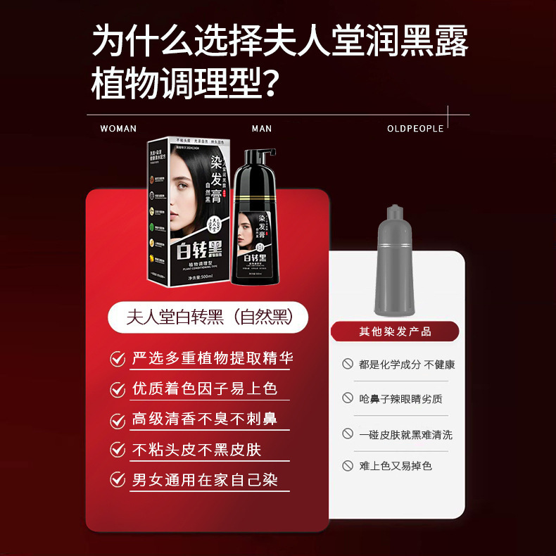 夫人堂白髪染め植物染毛剤、頭皮に染まらない、純粋な黒染毛クリーム、泡状染毛シャンプー、黒色|undefined