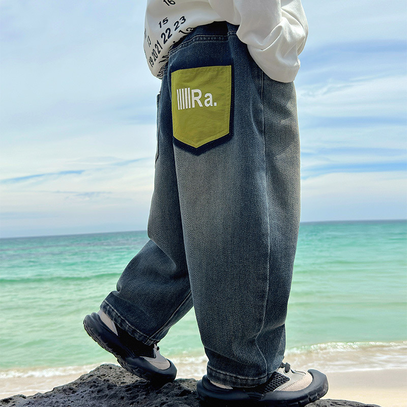 (2개) 동화 메모리 2024 봄 새 어린이 바지 어린이 한국어 편지 가죽 라벨 청바지 소년 봄 유행 바지