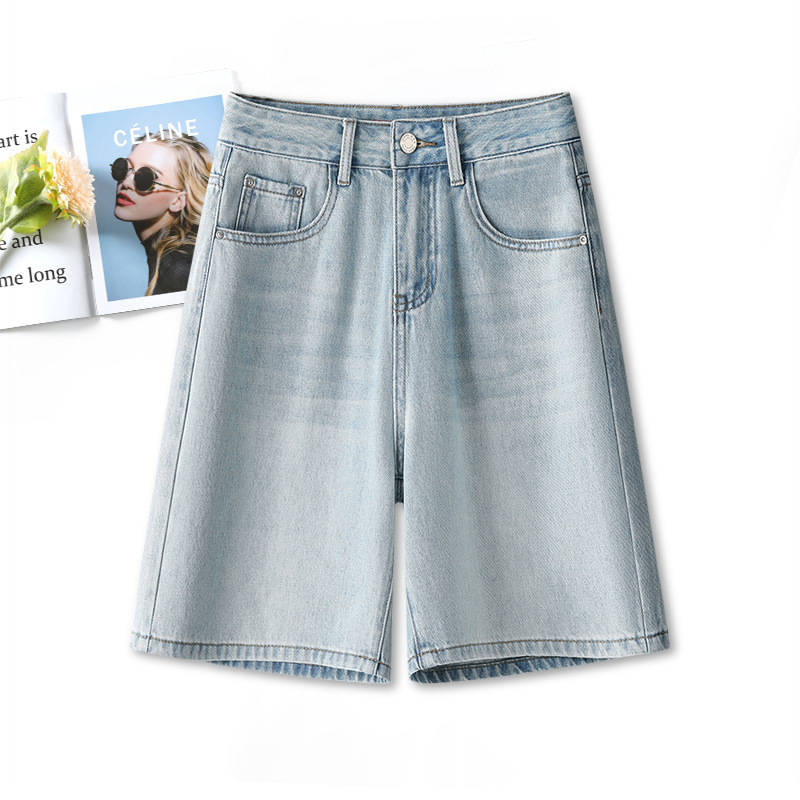 Thin Denim Shorts for Women, Summer High-Waisted Loose A-Line Wide-Leg Casual Straight-Leg Shorts