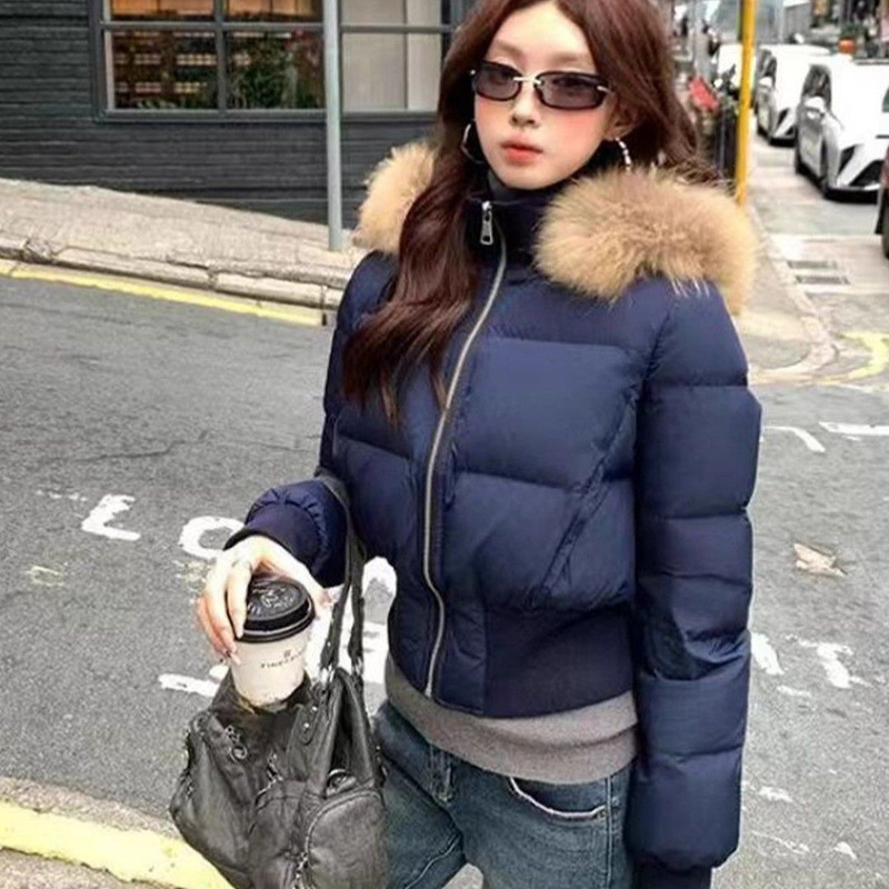 European Style 2025 New Model Small Seagull Large Fur Collar Hooded Waist-Cinched Short down Jacket for Women, Fashionable and Elegant, Thickened for Warmth