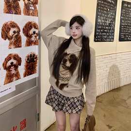 樱桃小姐小狗套头圆领毛衣女秋冬季复古宽松慵懒风外穿针织衫上衣