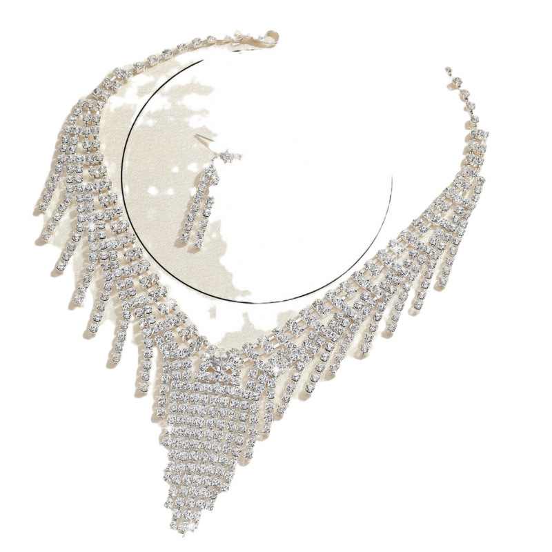 conjunto de noiva cravejado de diamantes de metal colar brincos corrente de agarrar joias conjunto de joias para banquete_voghion.com