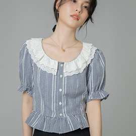 实拍娃娃领棉麻格子衬衫女短袖夏季新款双层花边镂空刺绣短款上衣