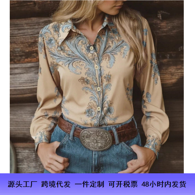 Cross-Border Independent Site Retro Denim Style Long-Sleeved Shirt Spring Style Women's Casual Shirt European and American Style Foreign Trade Women's Clothing Cross-Border Independent Site Retro Denim Style Long-Sleeved Shirt Spring Style Women's Casual Shirt European and American Style Foreign Trade Women's Clothing