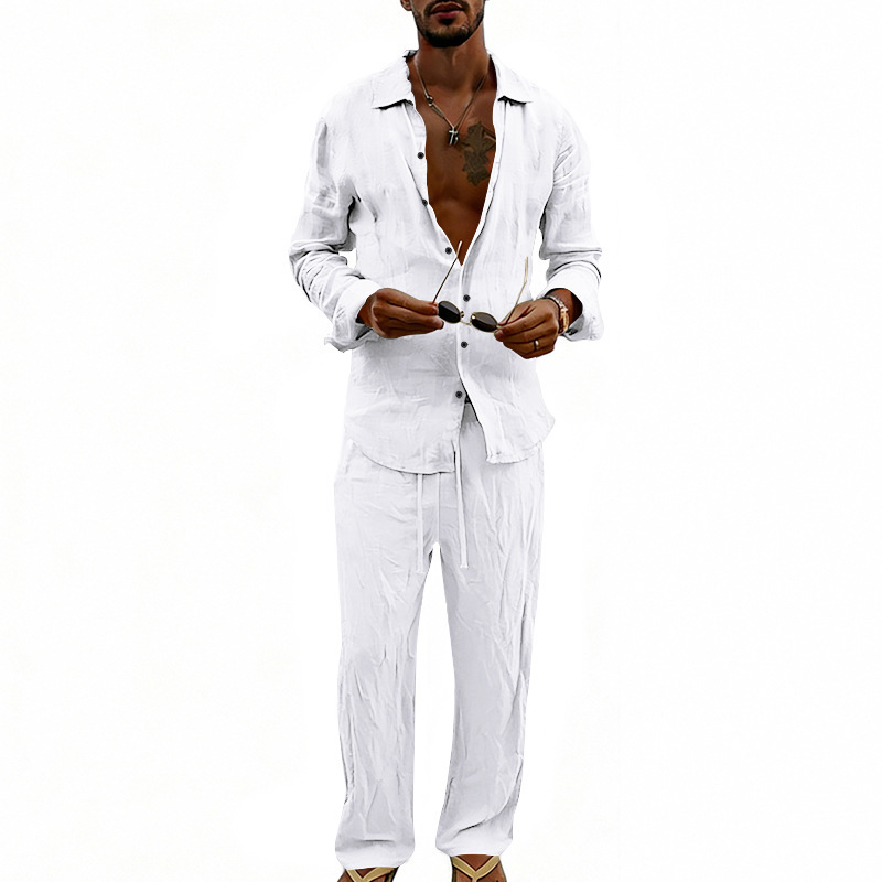 Herren Leinen Freizeithemd Und Hose Set Langarm Anzug_voghion.com