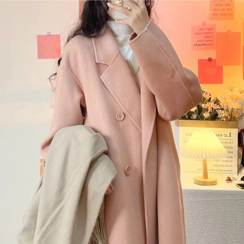 Korean style pink coat for women autumn and winter new mid-length Hepburn style small woolen suit jacket fashion fashion Korean style pink coat for women autumn and winter new mid-length Hepburn style small woolen suit jacket fashion fashion