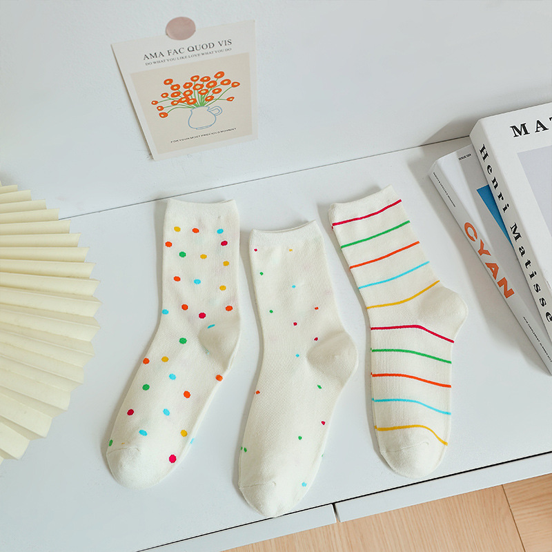 Korean Style Socks Women's Middle Tube Rainbow Dot Candy Color Wave Dot Striped Simple Tone Student Socks