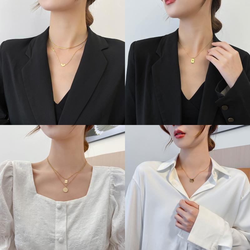 Titanium Necklace Korean fashion double-deck Retro heart-shaped Pendant ins Explosive money clavicle Fade