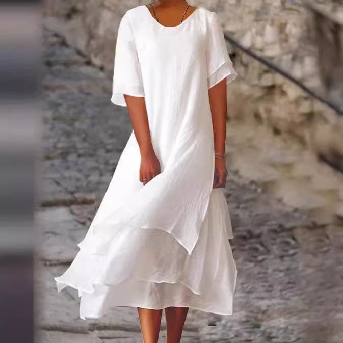 2023 summer cotton and linen double-layer color split short sleeve round neck dress