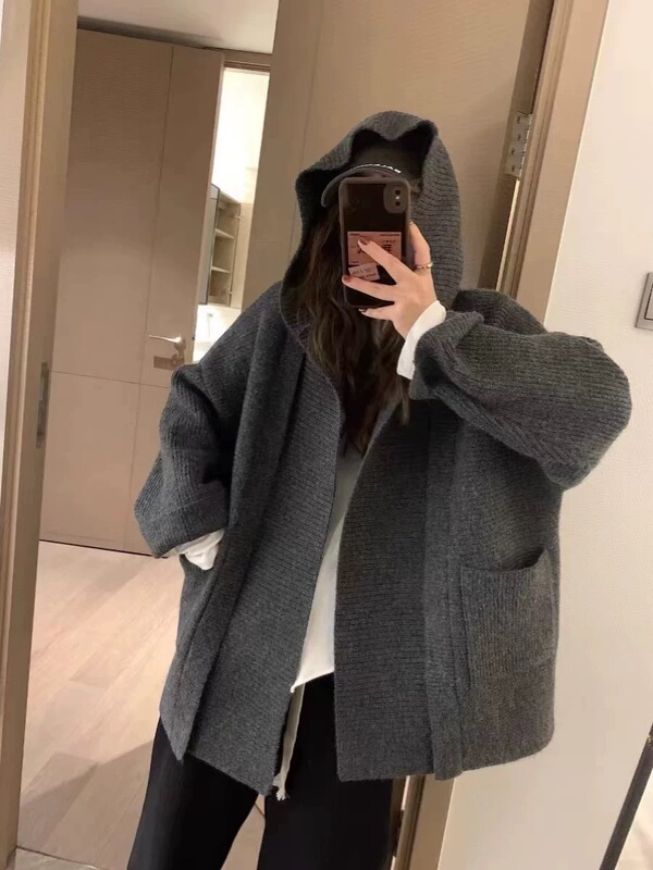 高级感连帽毛衣外套上衣女秋冬复古气质宽松慵懒大衣针织开衫加厚|undefined