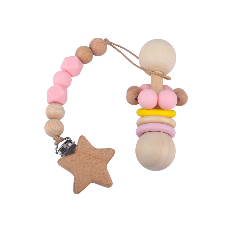 Creativo nuevo bebé suministros de madera niños jugar sonajero herramientas mordedor bebé ejercicio interactivo cuentas de silicona chupete cadena
