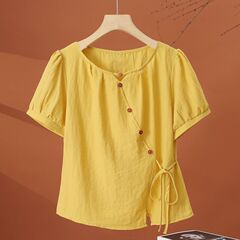 设计感扣子装饰系带短袖衬衫女夏季洋气显瘦收腰百搭套头新款上衣