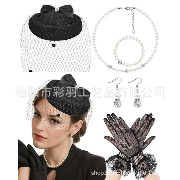 Vintage mesh fascinator, hair clip, headwear, gloves, necklace, accessory set, high-end face-covering, elegant matching hair accessory