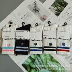 新款LULU露露刺绣条纹黑白中筒棉袜男女高筒健身跑步运动潮袜批发