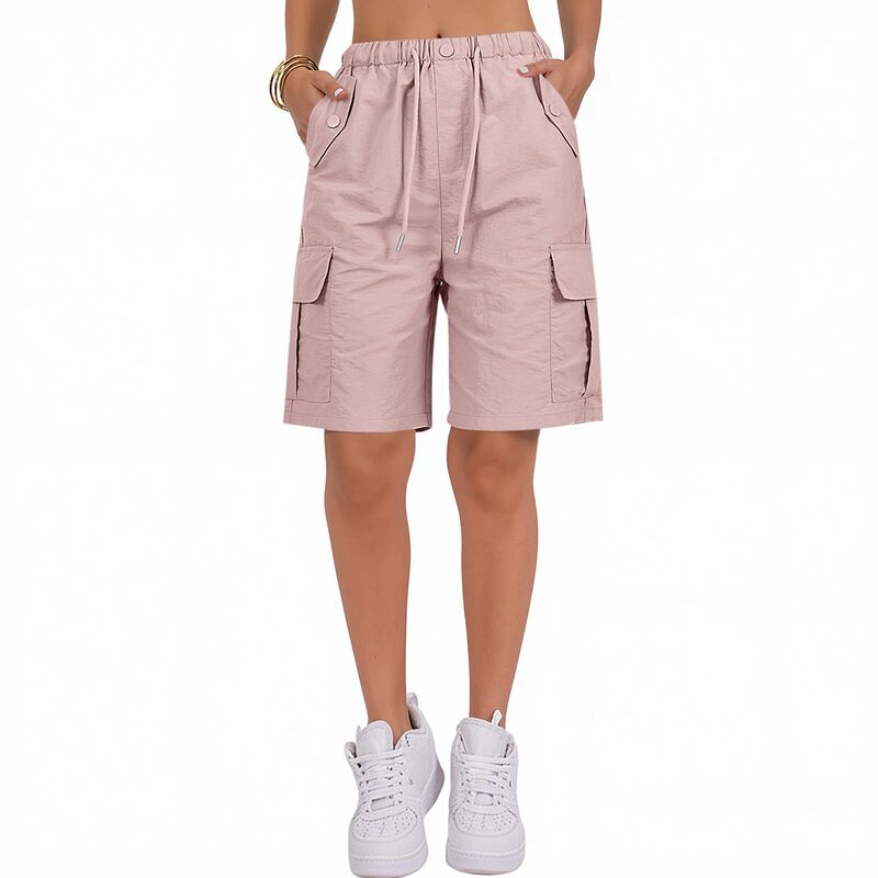 American-Style Plus-Size Women's Cargo Shorts for Summer with Elastic Waistband, Pockets, Wide-Leg, Casual Knee-Length Shorts, European and American Cross-Border