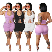 G6093 欧美女装 亚马逊女装 绑带纯色性感两件套装女