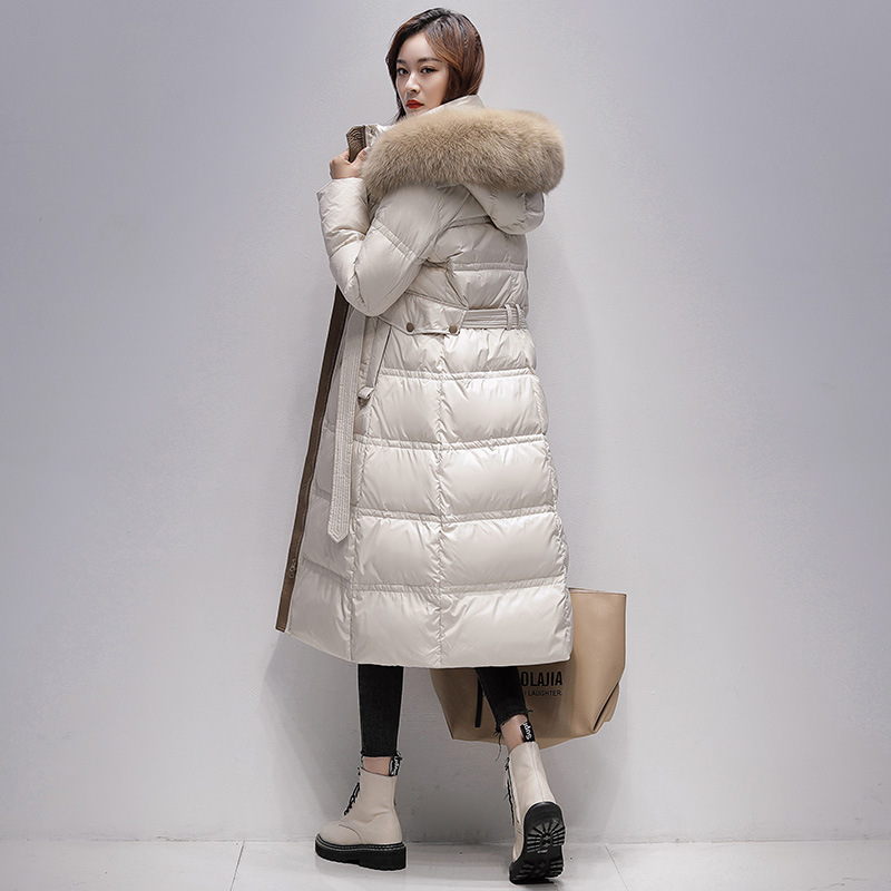 Waist-Cinching Extra-Long down Jacket for Women 2025 New Korean Style Slim and Fashionable Large Fur Collar Winter Warm Black Outwear