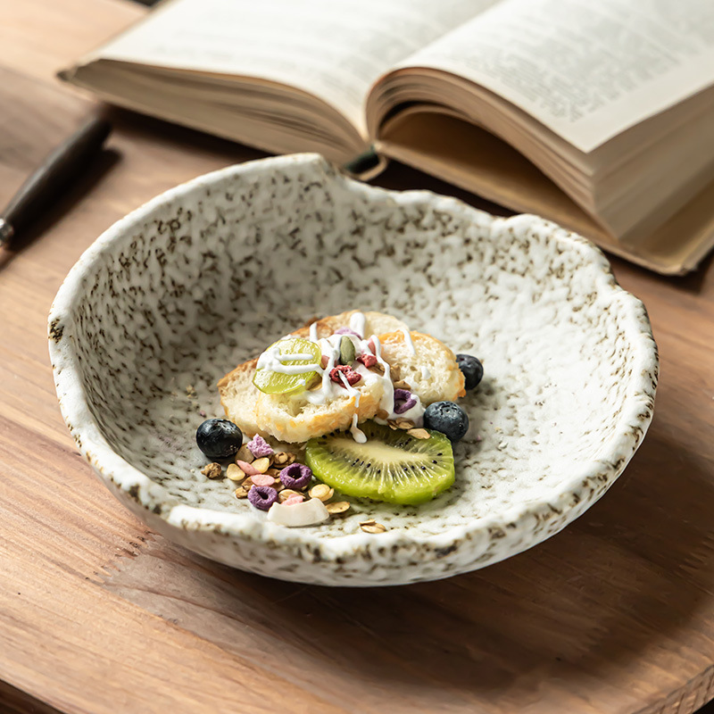 Artistic Conception Stone Pattern Ceramic Large Bowl Japanese-style Household Shaped Bowl Personalized Coarse Pottery Sala Bowl Restaurant Tableware Vegetable Bowl