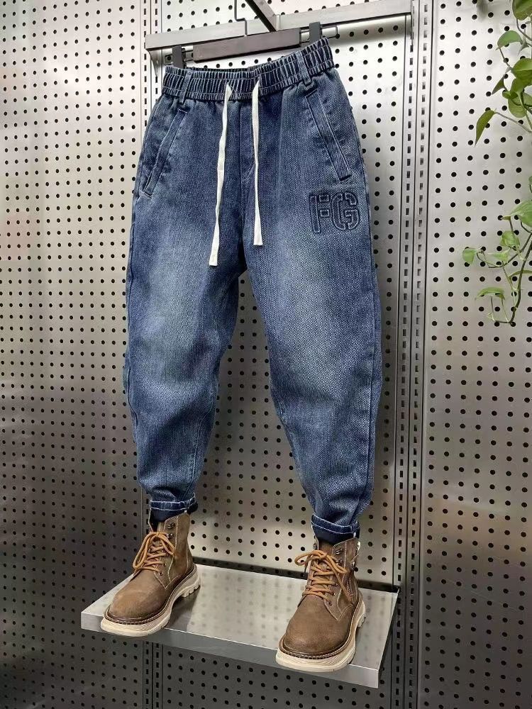Drawstring tied denim jeans for men's 2023 summer new elastic loose Harlan leggings casual cropped pants_voghion.com