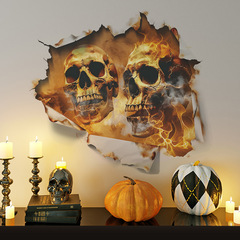 萬聖節破牆骷髏頭火焰臥室客廳玄關家居裝飾牆貼貼紙自粘批發跨境