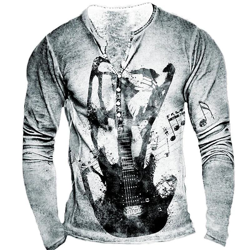 2022 retro hombres 3D digital placket abierto de siete botones Camiseta de manga larga de los hombres de guitarra patrón transfronterizo estación independiente