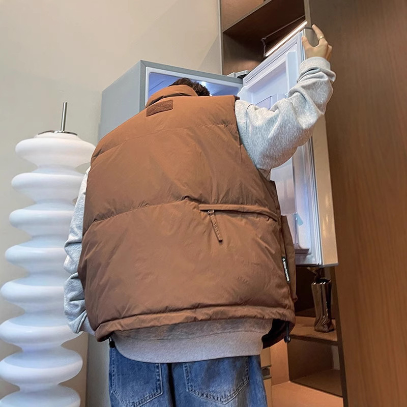 Workwear vest cotton-padded jacket boys 2023 winter new sleeveless waistcoat American retro loose stand collar coat