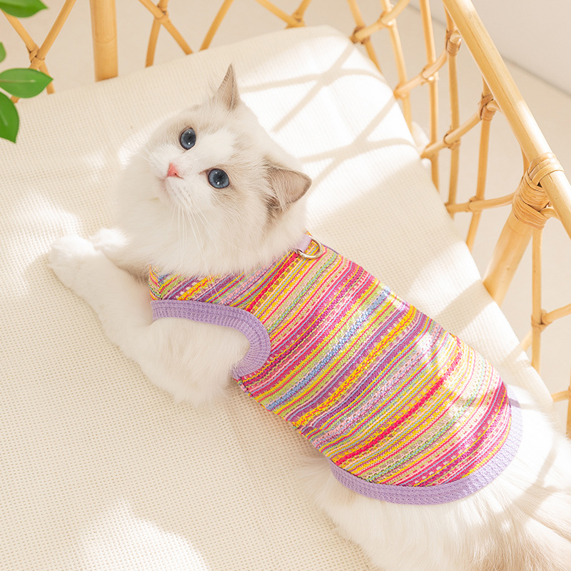 Primavera y verano gatos no peludos gatos multicolores tejidos chalecos huecos perros perros pequeños y medianos Teddy Bear ropa de mascotas