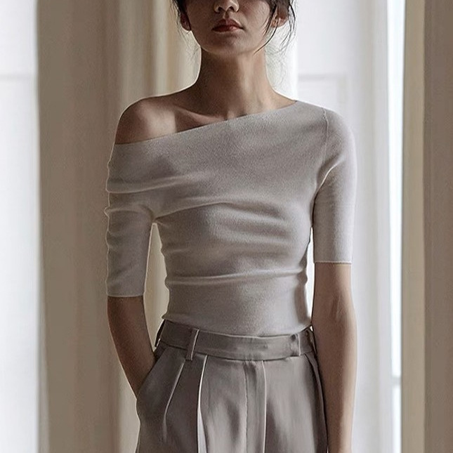 French style knitted shoulder T-shirt bottoming shirt women's summer ice silk short sleeve off-shoulder high-grade mid-sleeve off-shoulder top thin