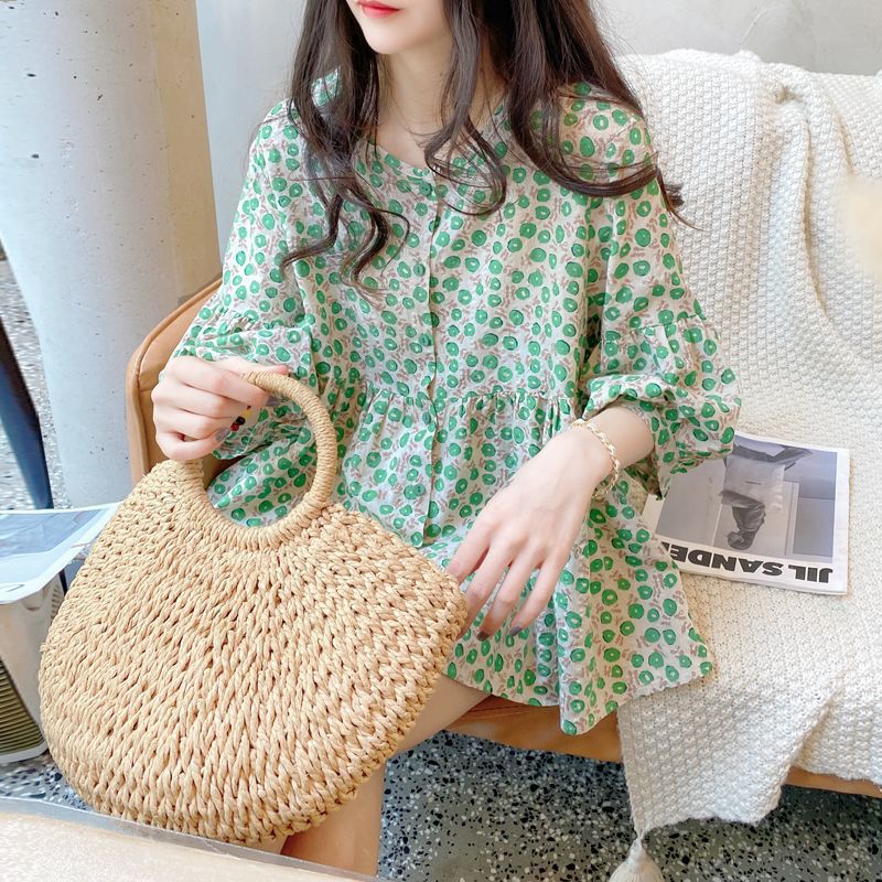 子供のシャツの上着の夏の韓国版のゆったりした丸首の甘い灯籠の袖の蓬蓬の花の綿の麻のシャツの女性の7分の袖|undefined