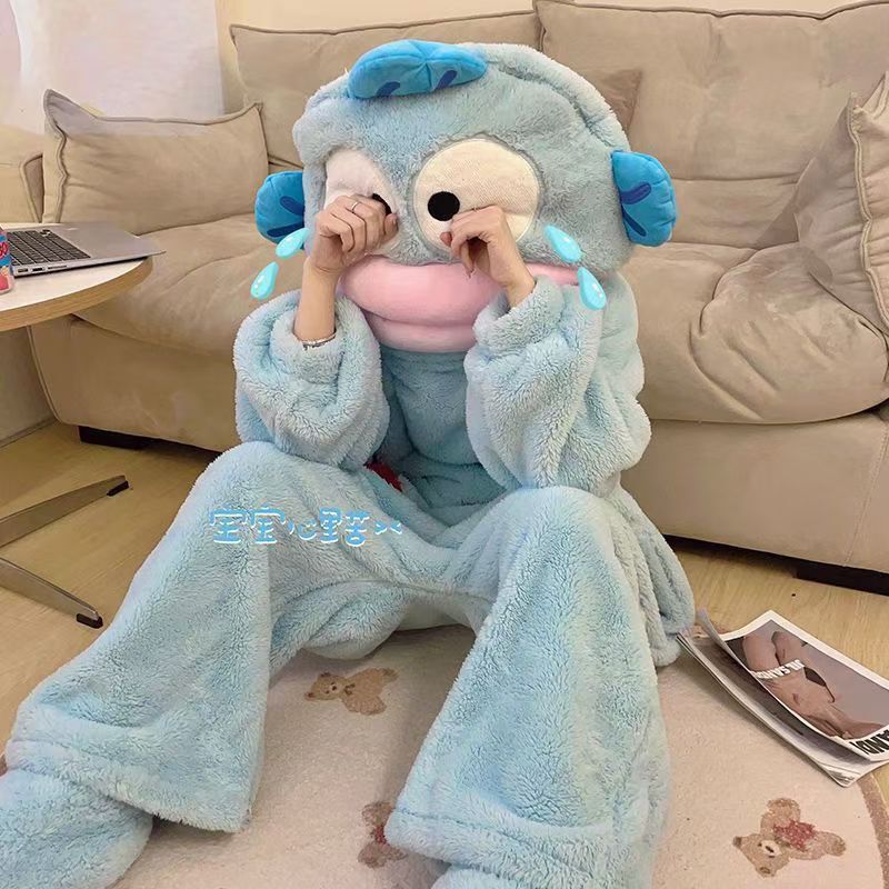 超萌卡通小丑鱼珊瑚绒睡衣女长袖长裤保暖连体睡衣美少女家居服|undefined