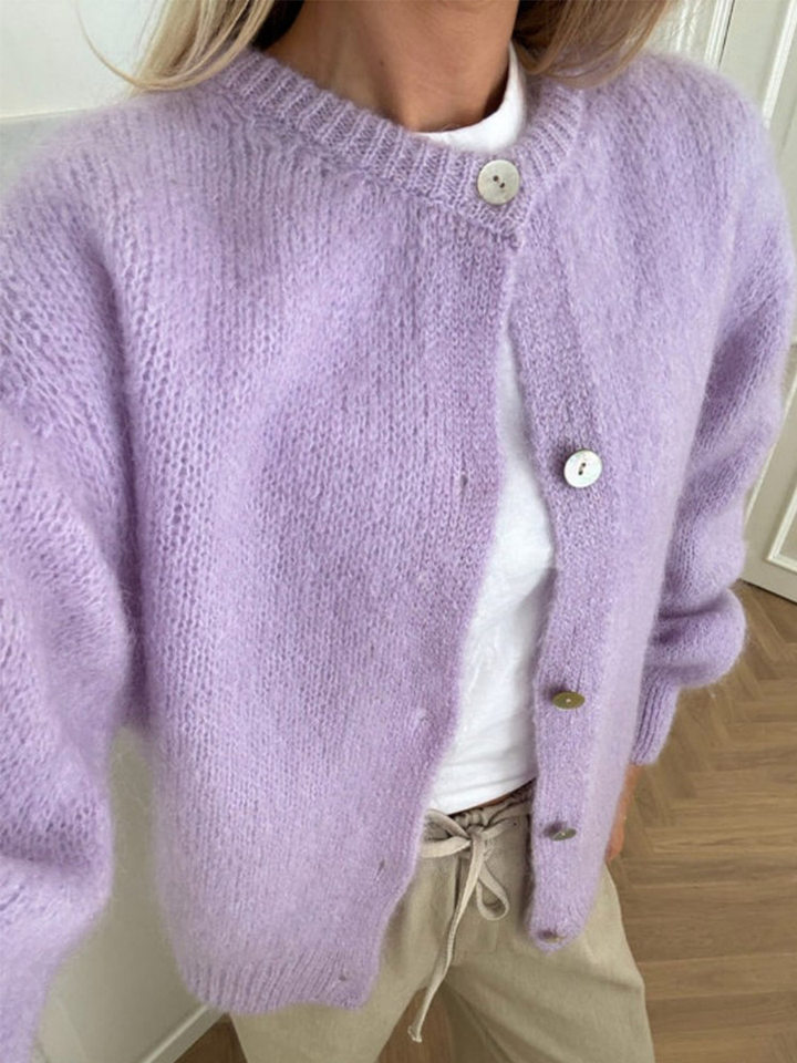 Áo cardigan len dệt kim dáng mỏng nhẹ cài nút một hàng, tay dài cổ tròn nữ — hoa hồng đỏ, màu be, màu cam, màu hoa cà chi tiết 69