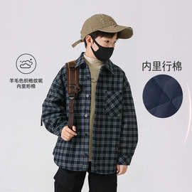 冬季中大男童夹棉外套新款童装儿童男孩加厚呢子翻领格子外套潮流