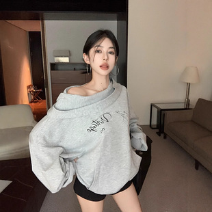 8951#(Pure Cotton Big Fish Scale) Hooded Wei Yi Women's Autumn Relaxed Loose Grey Pullover Top
