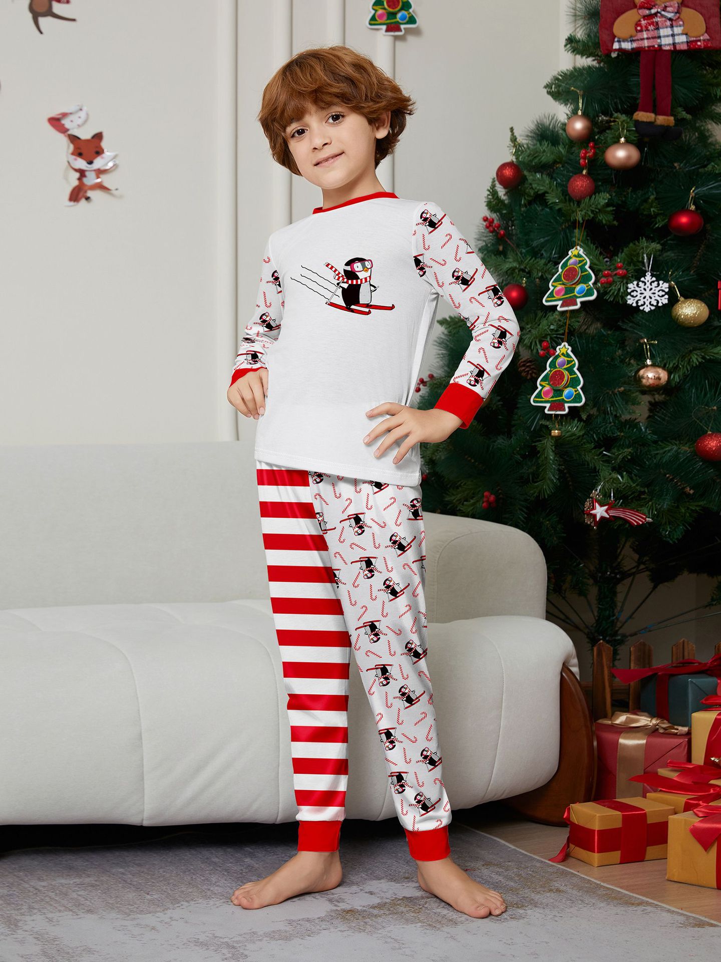 Kerst Pinguïn Candy Cane gestreepte Kerst Familie pak bedrukte homewear pyjama_voghion.com