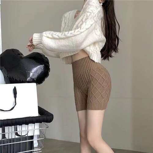 Knitted leggings, anti-exposure safety pants, elastic leggings, autumn and winter warm shorts, high waist, tummy control, butt lifting for women