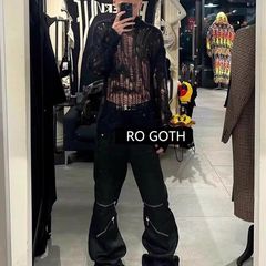 Ro スタイル膝マルチジッパーニッチダークワークウェアワイドレッグルーズカジュアルフレアフロアモップパンツ男性と女性のためのトレンディなブランド