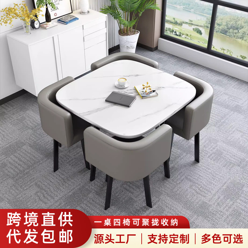 Negotiation Table and Chair Set, One Table and Four Chairs, Can Be Folded and Stored, Business Reception Table, Small Round Table, Dining Table Style, Imitation Marble Negotiation Table and Chair Set, One Table and Four Chairs, Can Be Folded and Stored, Business Reception Table, Small Round Table, Dining Table Style, Imitation Marble