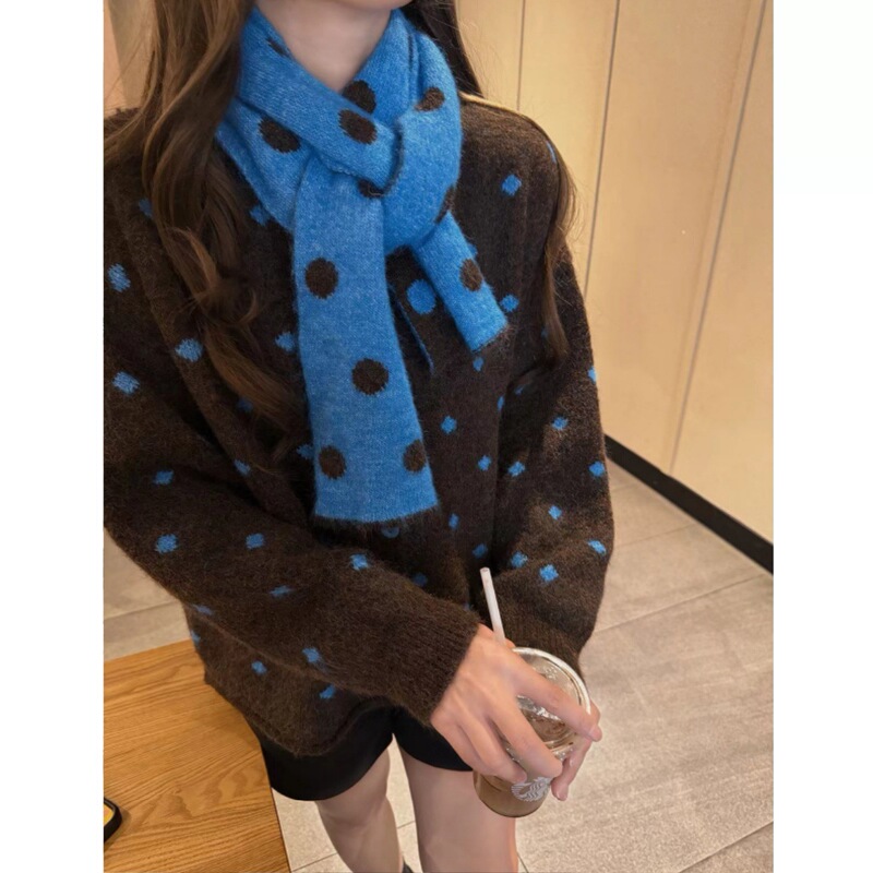 Brown and Blue Polka Dot Design Knit Sweater + Scarf, New Autumn and Winter Style, Loose and Lazy Style Sweater Brown and Blue Polka Dot Design Knit Sweater + Scarf, New Autumn and Winter Style, Loose and Lazy Style Sweater