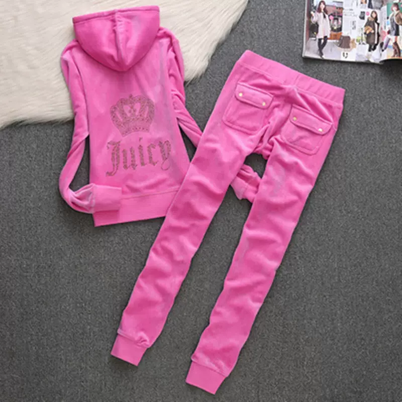 欧洲站春秋新款JC时尚金丝天鹅绒运动休闲套装女装烫钻字母两件套