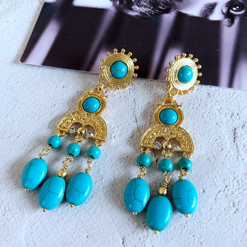 Wholesale Jewelry Vintage Turquoise Stone Pendant Long Necklace Earrings Nihaojewelry display picture 8