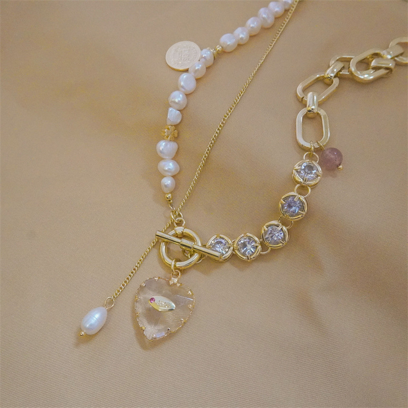 38g Weight 14K Gold Plated Plating Material Glass Pendant Material Necklace Classification Copper Chain Material 1 Piece Quantity Casual Occasion Freshwater Pearl Material Heart Shape Pattern Women's Gender Plating Design Fairy Style Style Fairy Style Heart Shape Freshwater Pearl Plating 14K Gold Plated Women's Necklace 8