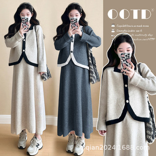Maternity Suit 2025 Autumn and Winter New Korean Style Elegant Square Collar Top Belly Support Adjustable Skirt Two-Piece Set for Pregnant Mothers