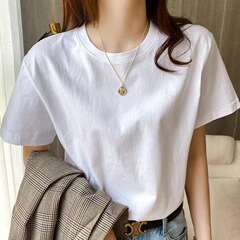 ホワイトショルダー半袖コットンTシャツレディース夏薄手シンプル無地ラウンドネックトップカジュアルニッチスリムホワイトT