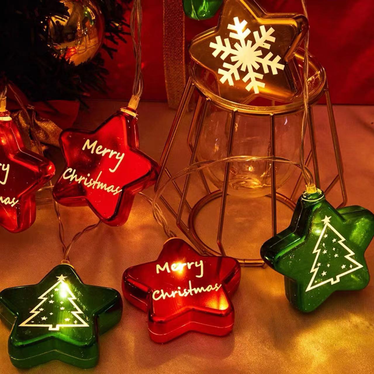 Navidad atmósfera de color LED impresión de color bola galvanizada estrella colgante string de luz árbol de Navidad decoración escena